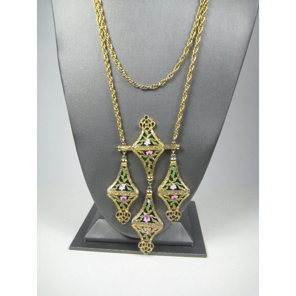 Enamel Floral Dangle Pendant Necklace 21 in Goldtone Multi  Enamel Floral Dangle Pendant Necklace 21 in Goldtone Multi Strand Chain Vintage